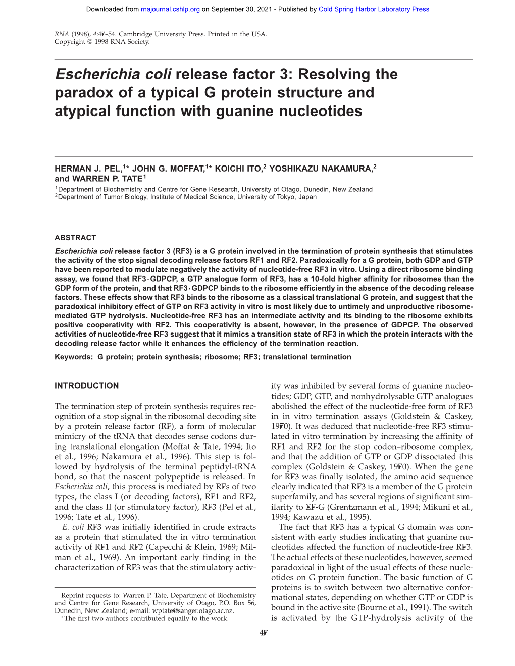 Escherichia Coli Release Factor 3: Resolving the Paradox of a Typical G Protein Structure and Atypical Function with Guanine Nucleotides