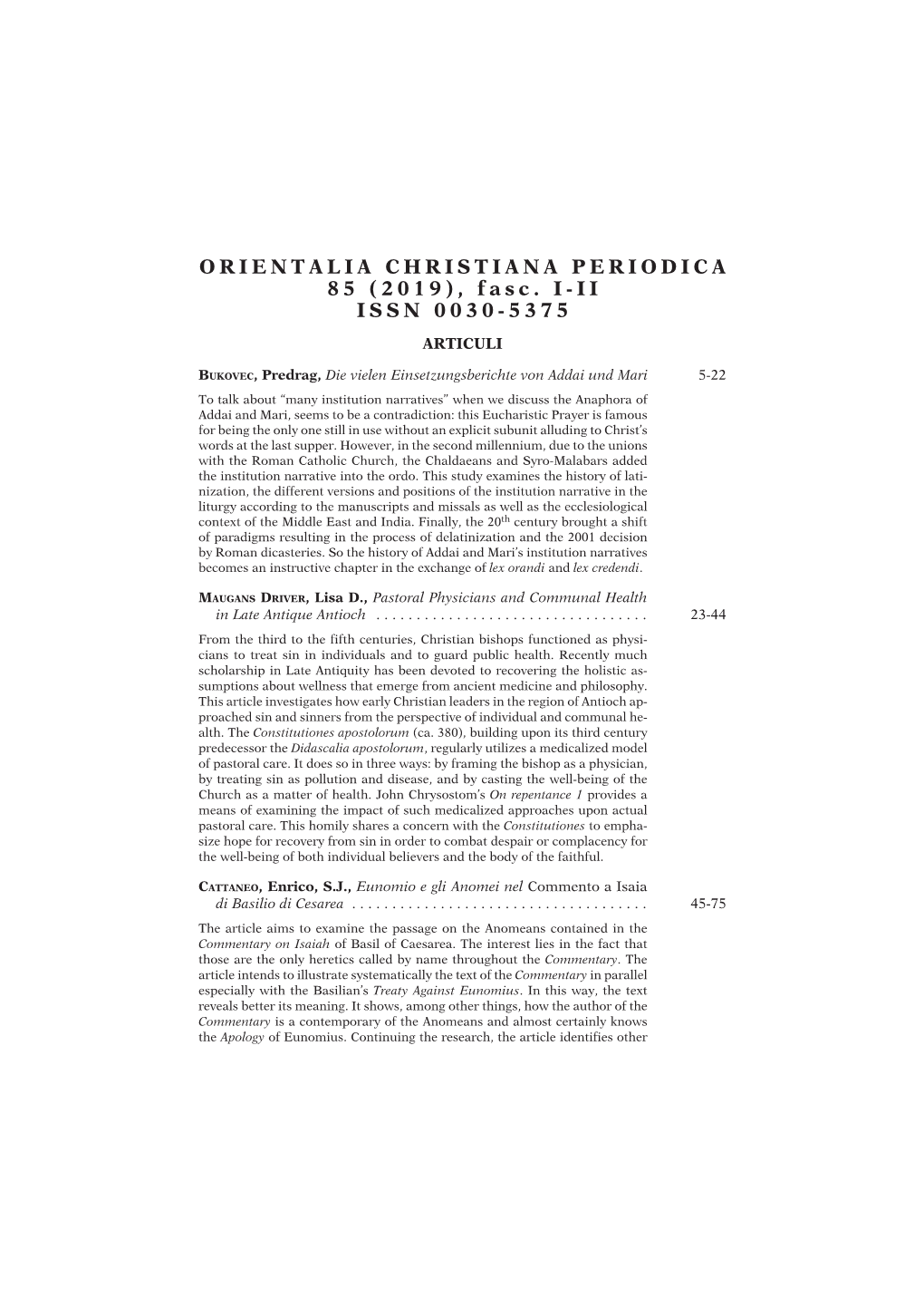 ORIENTALIA CHRISTIANA PERIODICA 85 (2019), Fasc. I-II ISSN 0030-5375 ARTICULI