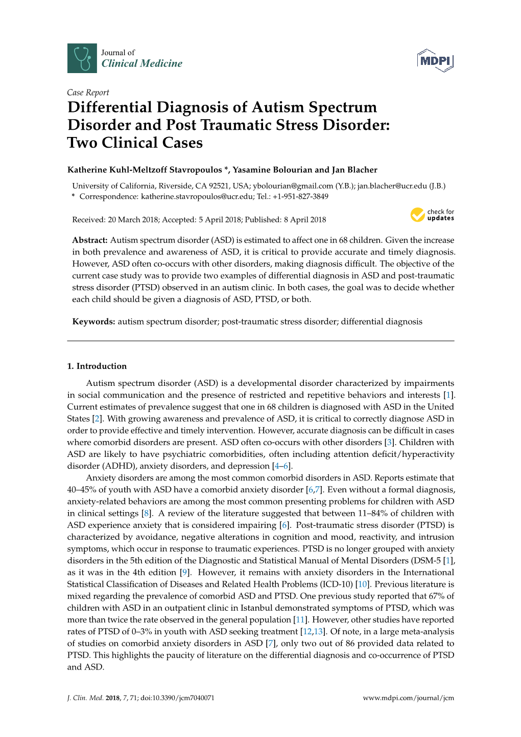 Differential Diagnosis of Autism Spectrum Disorder and Post Traumatic Stress Disorder: Two Clinical Cases