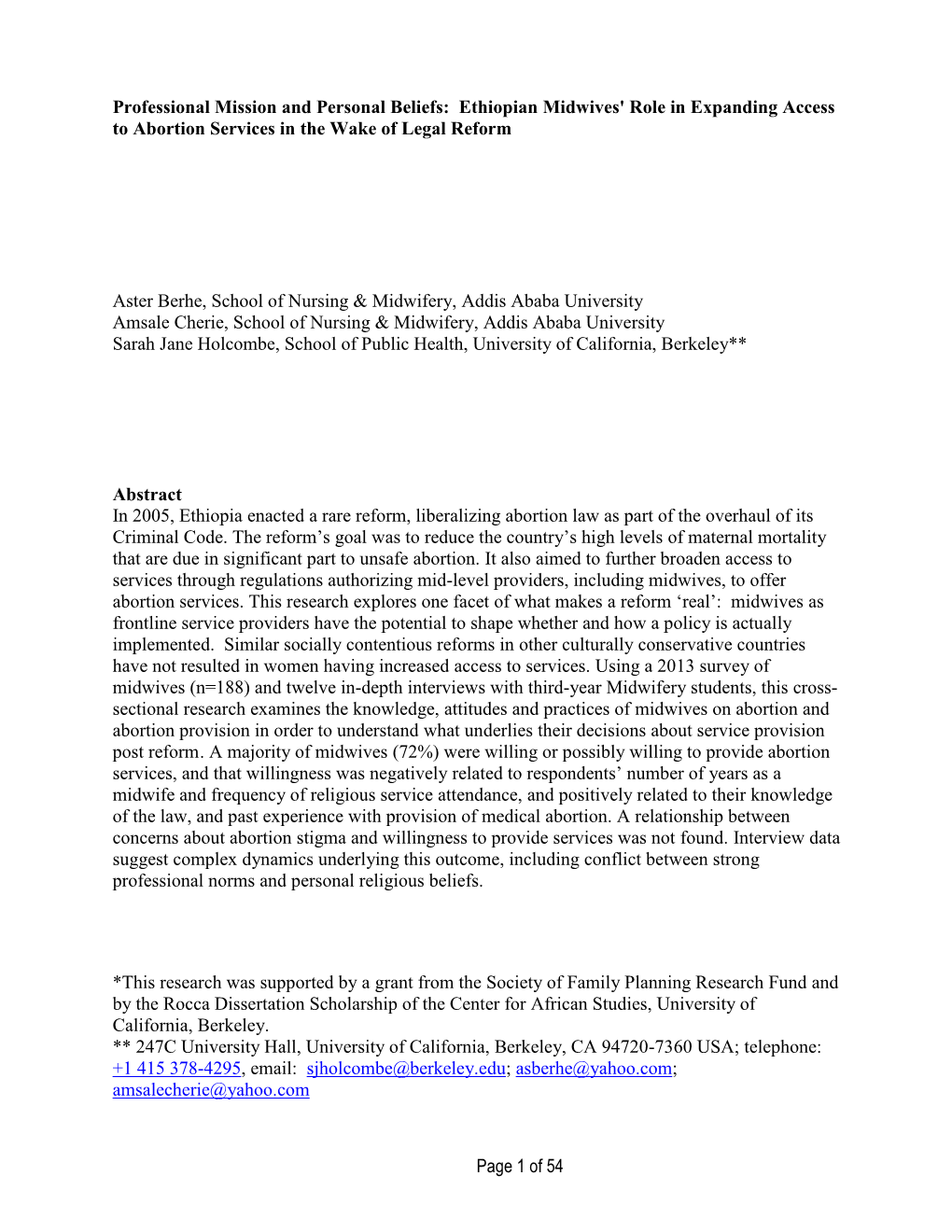 Of 54 Professional Mission and Personal Beliefs: Ethiopian Midwives' Roles in Expanding Access to Abortion Services in the Wake of Legal Reform