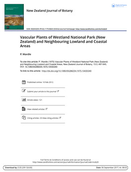 Vascular Plants of Westland National Park (New Zealand) and Neighbouring Lowland and Coastal Areas