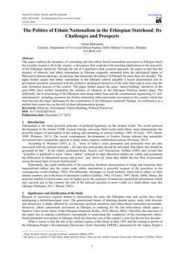 The Politics of Ethnic Nationalism in the Ethiopian Statehood: Its Challenges and Prospects