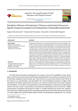 Simulation Influence of Compressor 3 Pressure and Cyclone Pressure on Specific Energy Consumption and Cooling Heat in Renewable Desalination