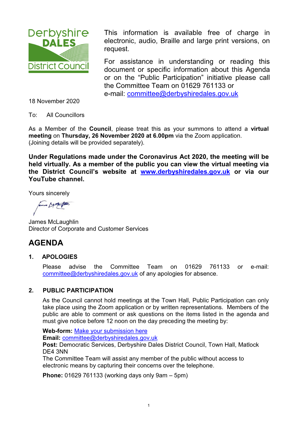 Agenda Or on the “Public Participation” Initiative Please Call the Committee Team on 01629 761133 Or E-Mail: Committee@Derbyshiredales.Gov.Uk 18 November 2020