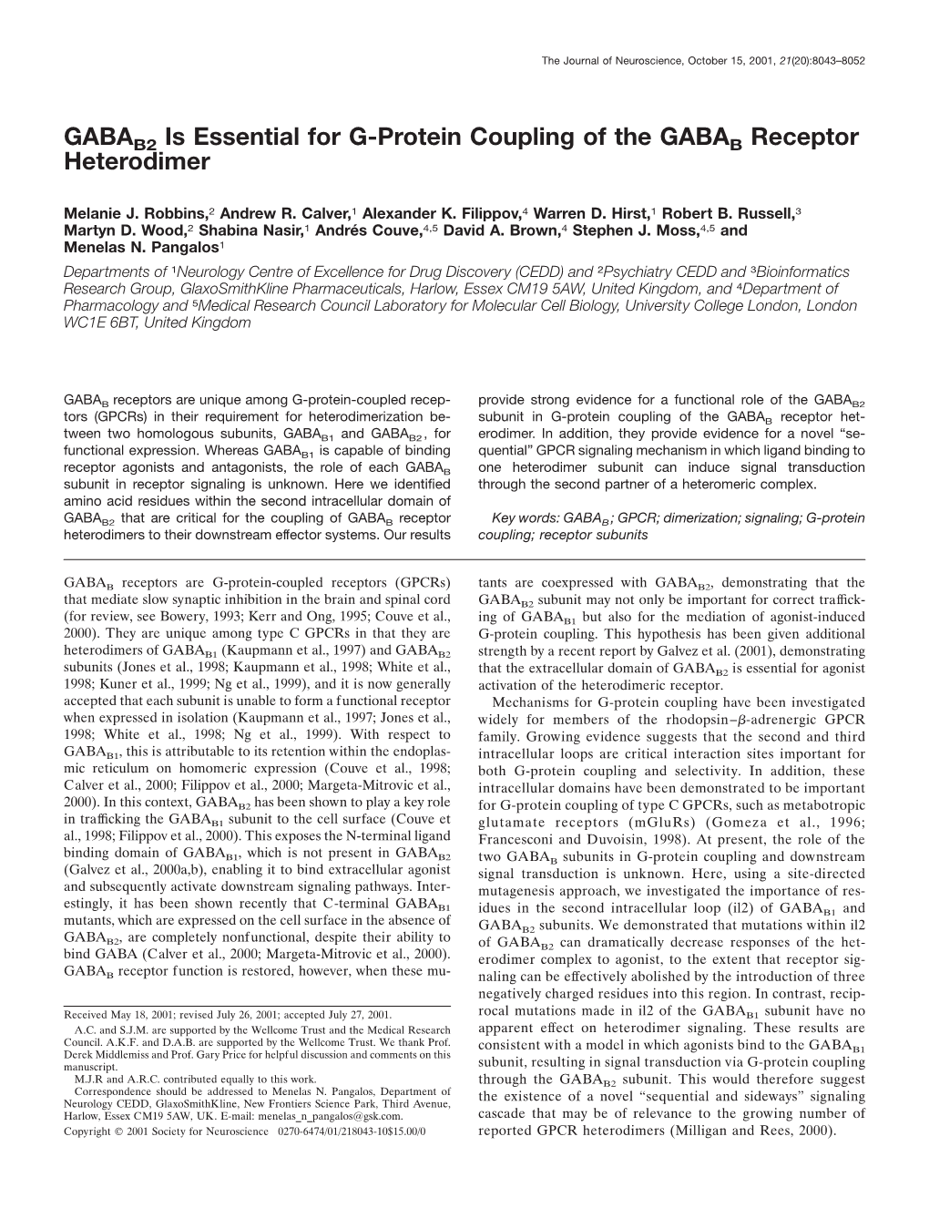 GABAB2 Is Essential for G-Protein Coupling of the GABAB Receptor Heterodimer