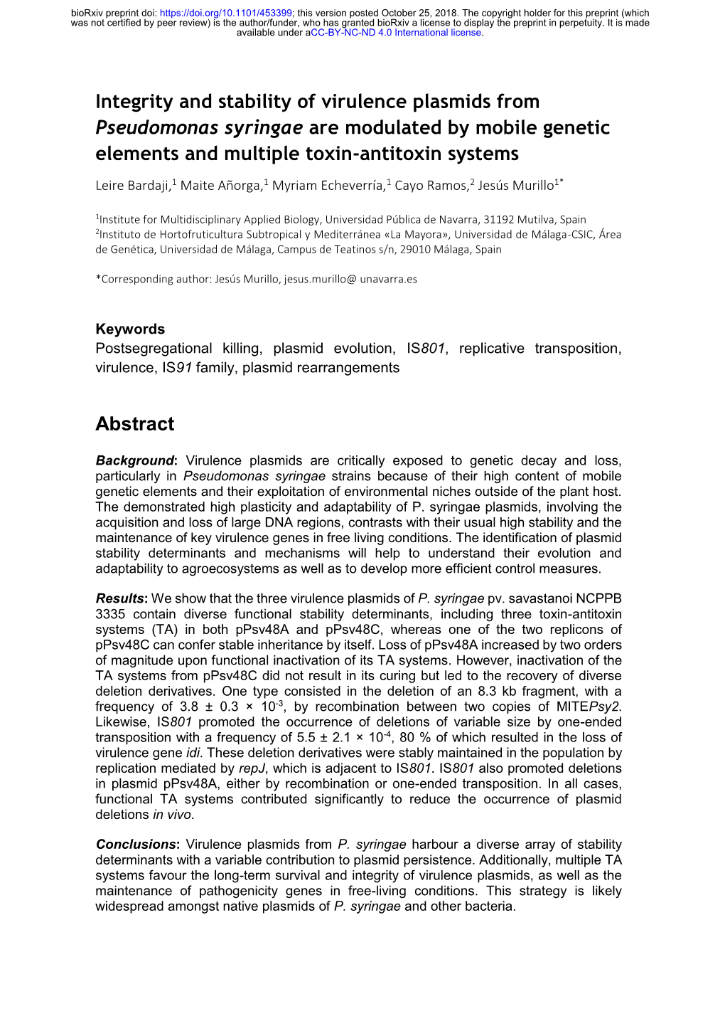 Integrity and Stability of Virulence Plasmids from Pseudomonas Syringae Are Modulated by Mobile Genetic Elements and Multiple Toxin-Antitoxin Systems