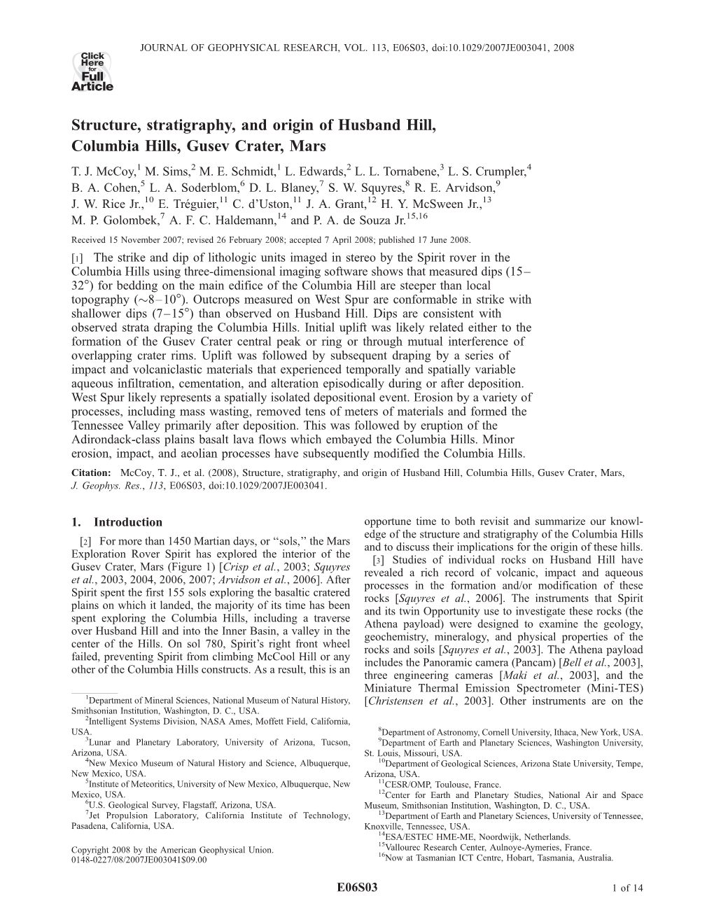 Structure, Stratigraphy, and Origin of Husband Hill, Columbia Hills, Gusev Crater, Mars T