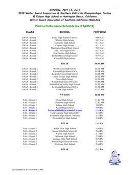 Prelims Performance Schedule (As of 04/05/19)