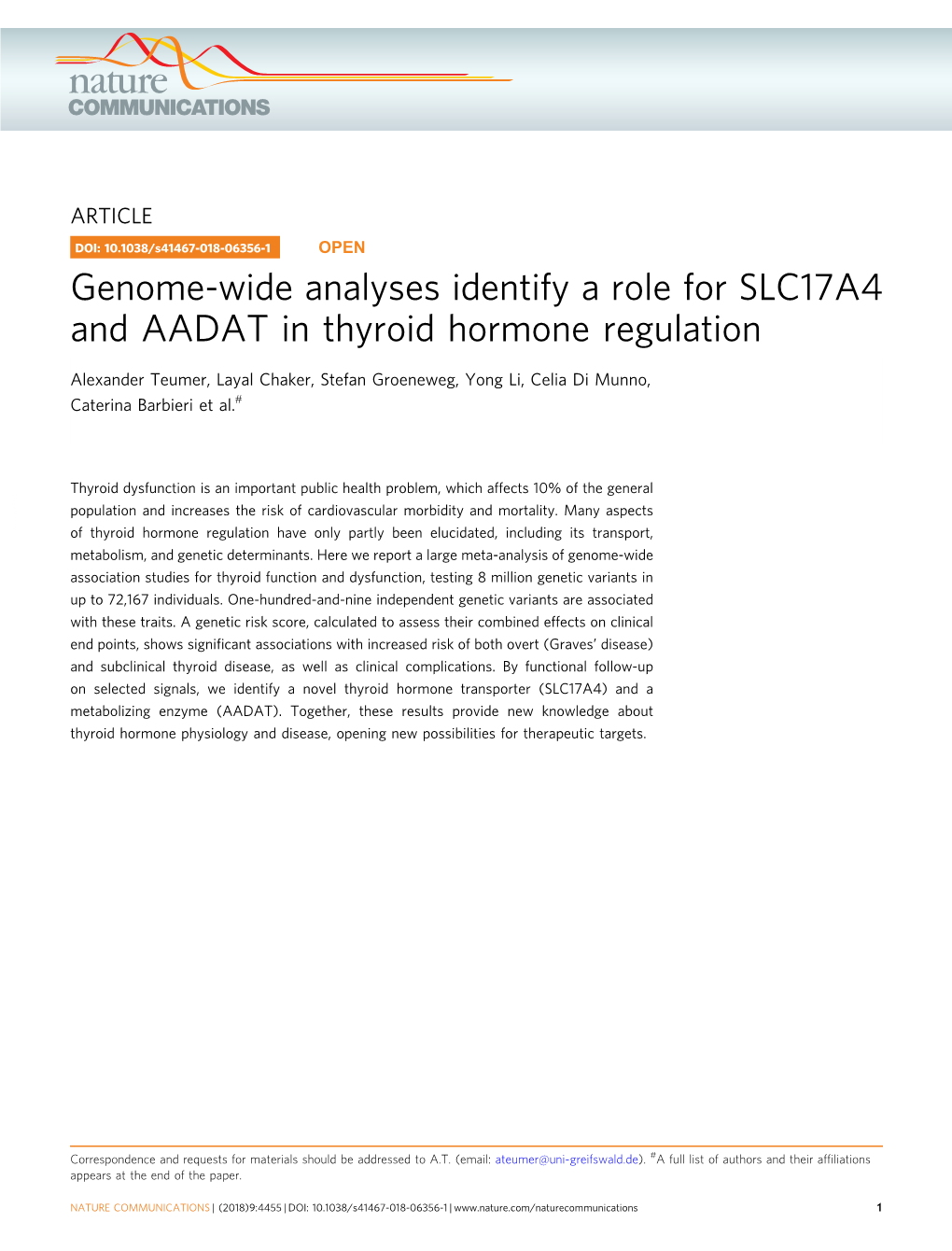 Genome-Wide Analyses Identify a Role for SLC17A4 and AADAT in Thyroid Hormone Regulation