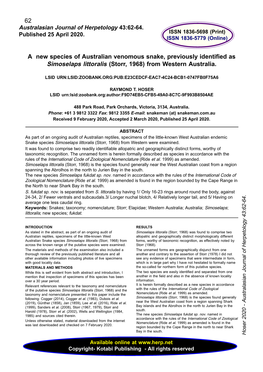 A New Species of Australian Venomous Snake, Previously Identified As Simoselaps Littoralis (Storr, 1968) from Western Australia