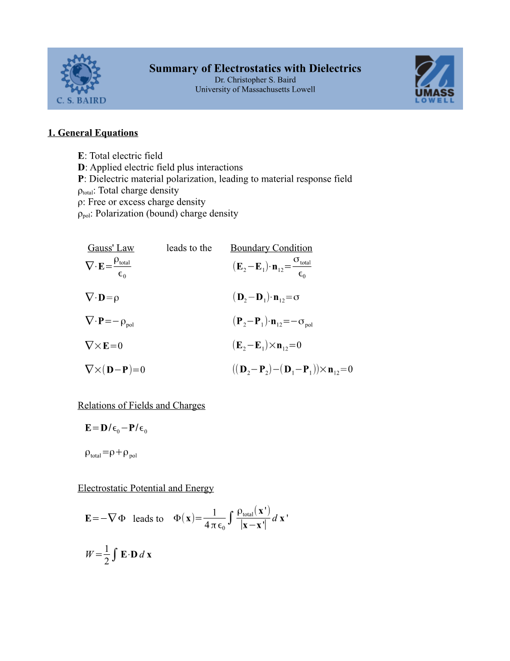 Summary of Electrostatics with Dielectrics Dr