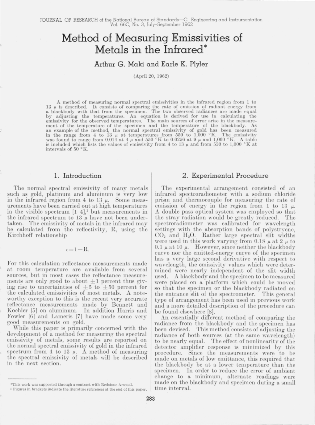 Method of Measuring Emissivities of Metals M the Infrared