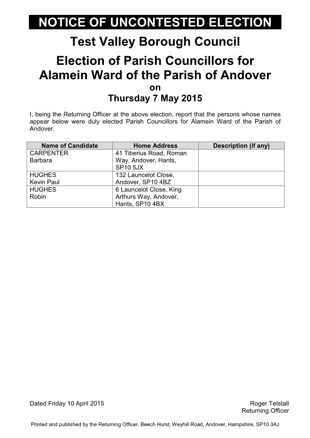 Parish Council Uncontested Elections Results