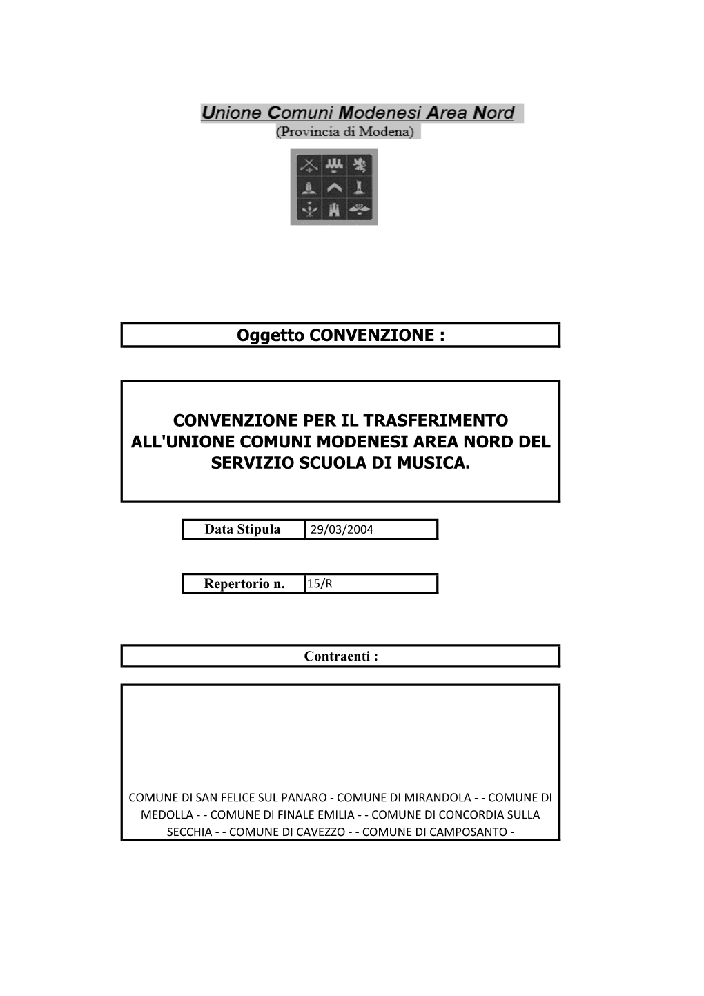 Convenzione Per Il Trasferimento All'unione Comuni Modenesi Area Nord Del Servizio Scuola Di Musica