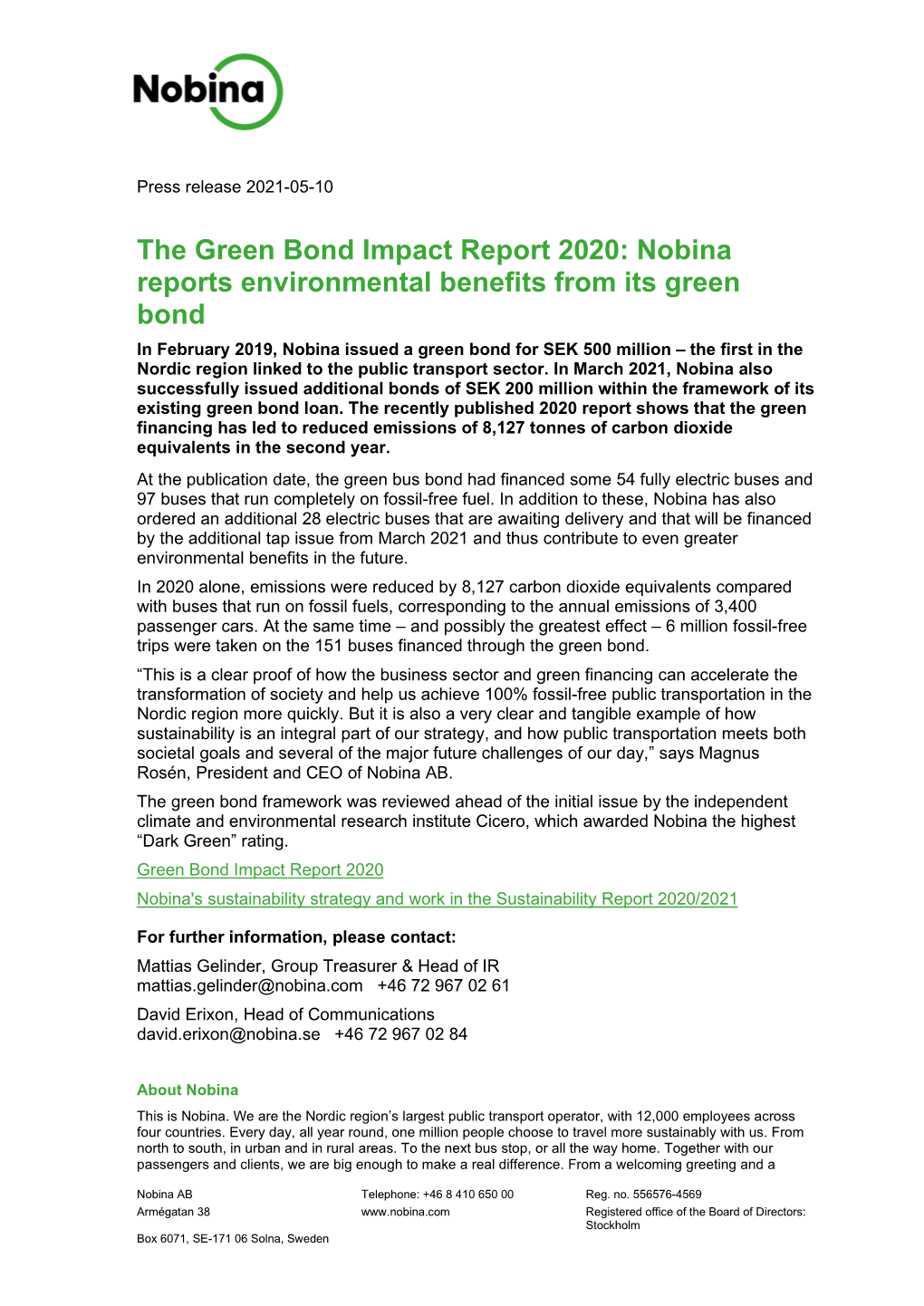 The Green Bond Impact Report 2020: Nobina Reports Environmental