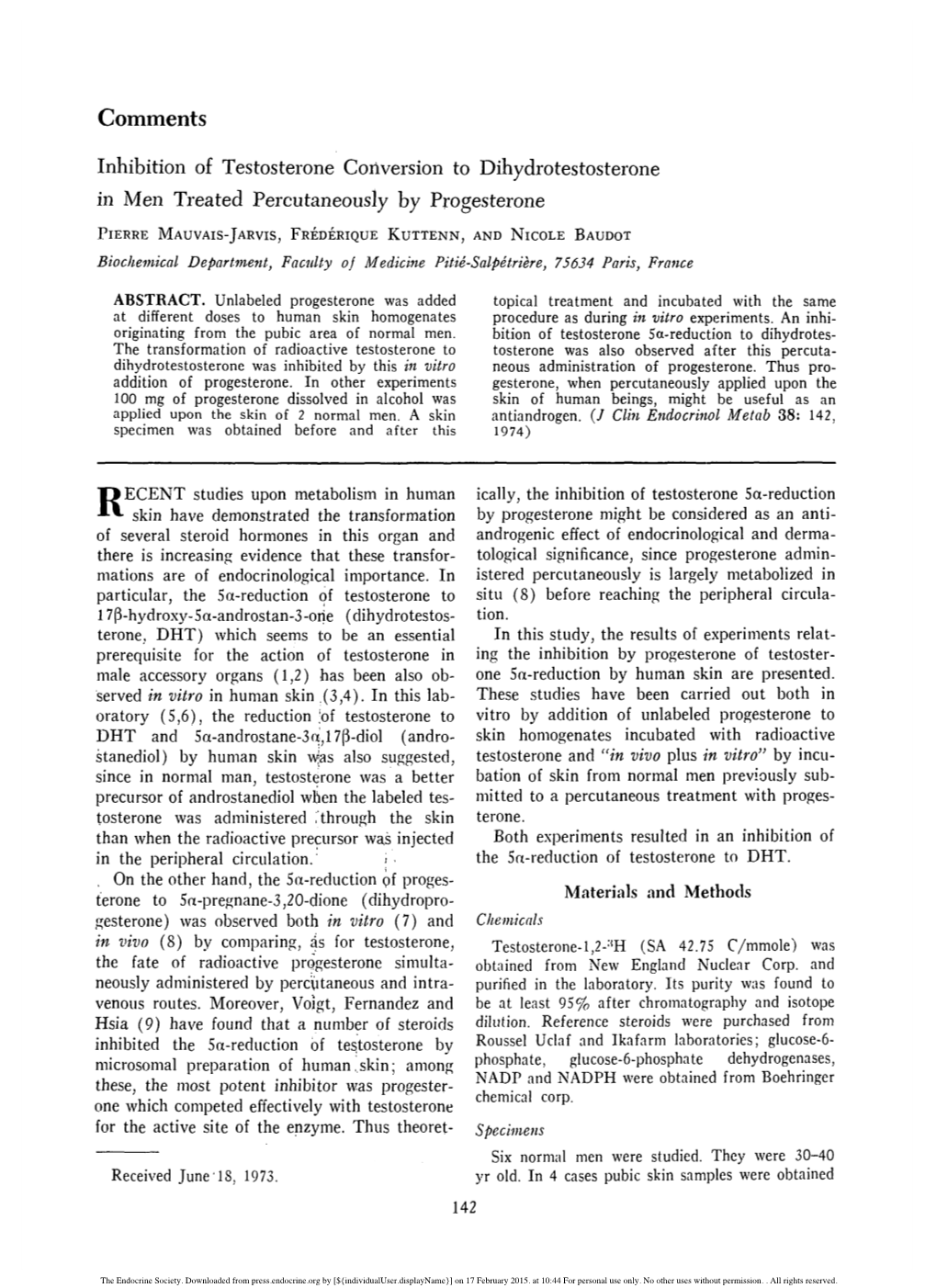 Inhibition of Testosterone Conversion to Dihydrotestosterone in Men Treated Percutaneously by Progesterone