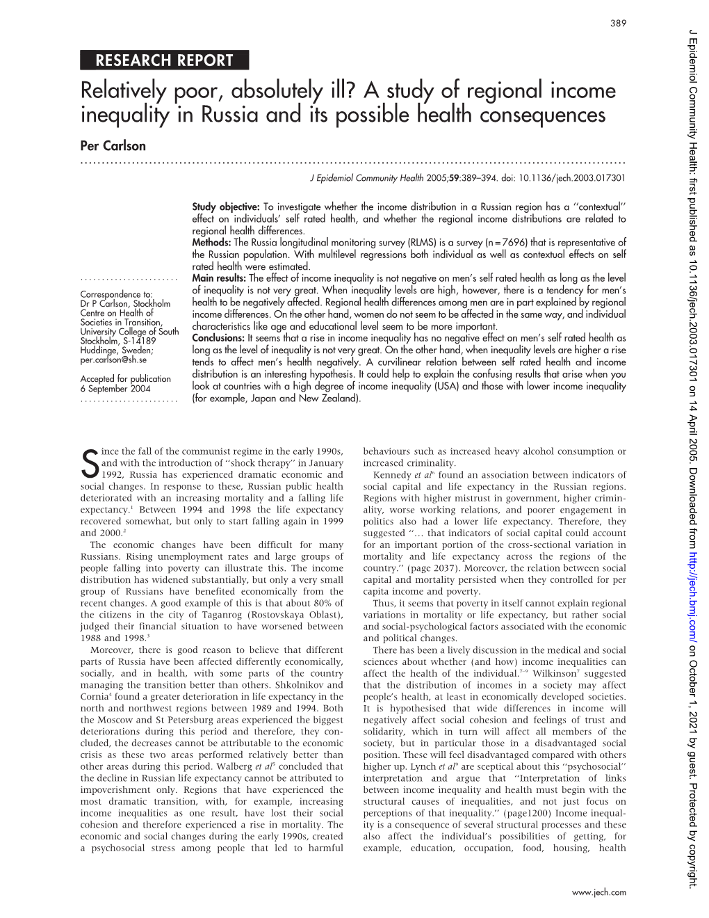 A Study of Regional Income Inequality in Russia and Its Possible Health Consequences Per Carlson