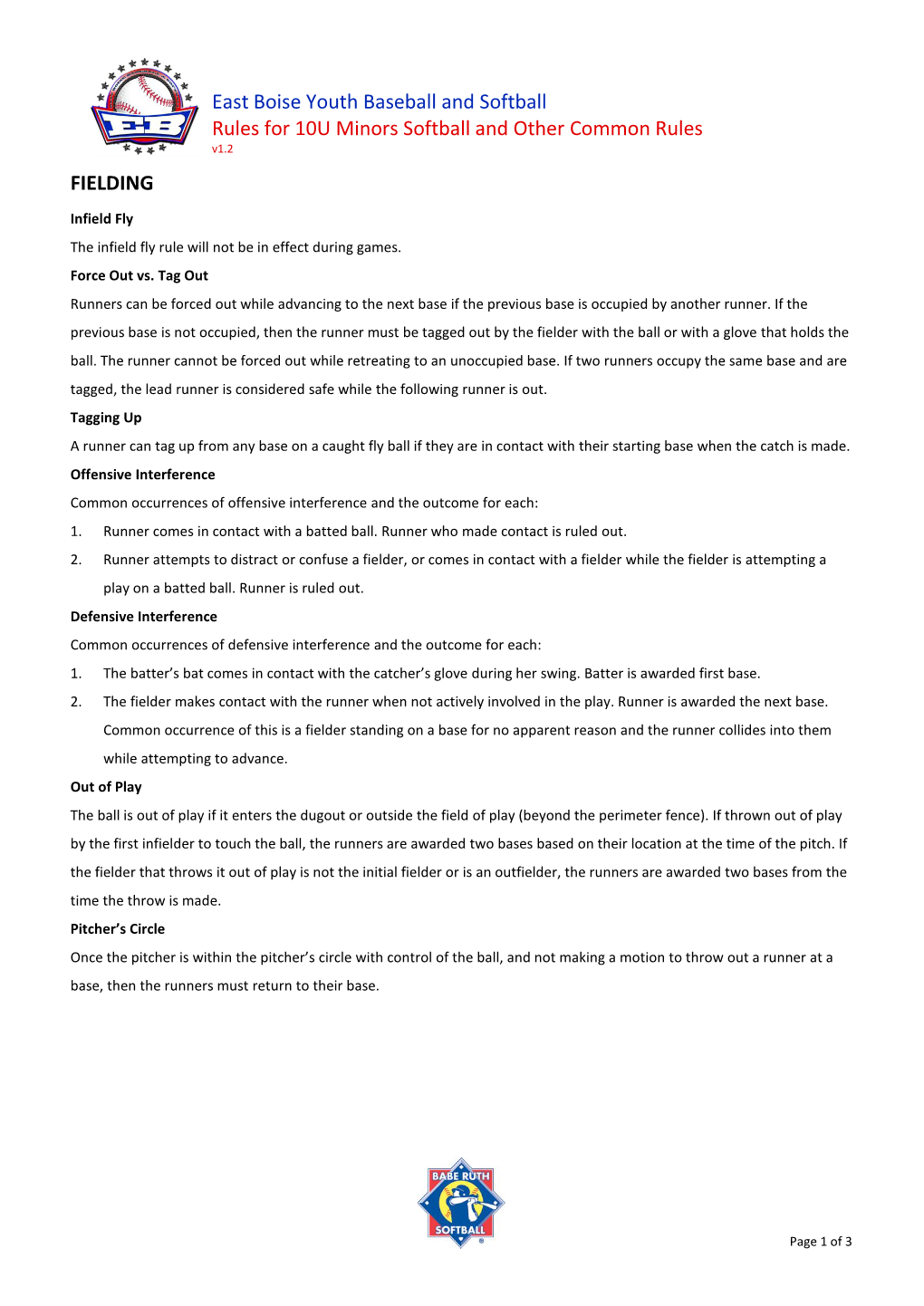 East Boise Youth Baseball and Softball Rules for 10U Minors Softball and Other Common Rules V1.2 FIELDING