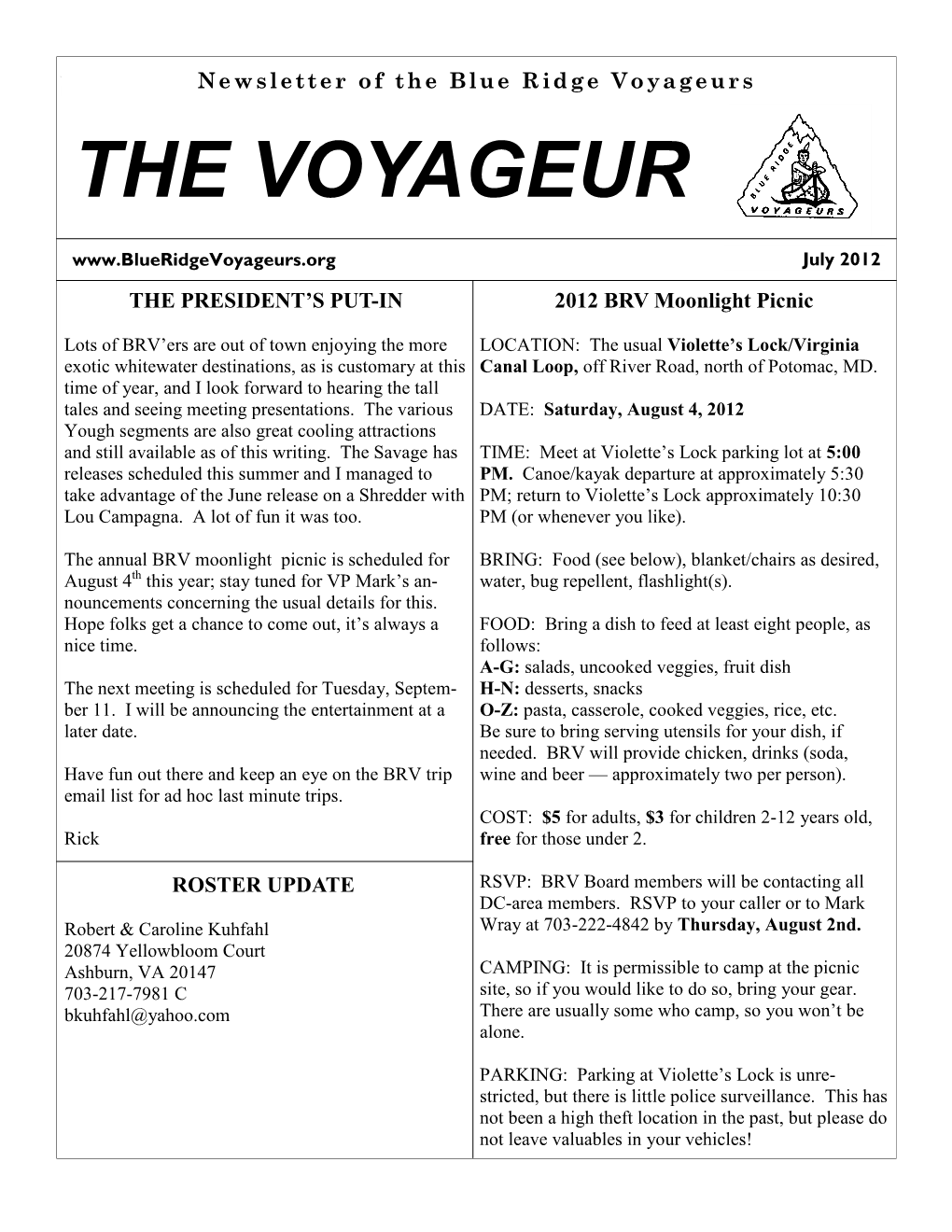 July 2012 Newsletter of the Blue Ridge Voyageurs the VOYAGEUR