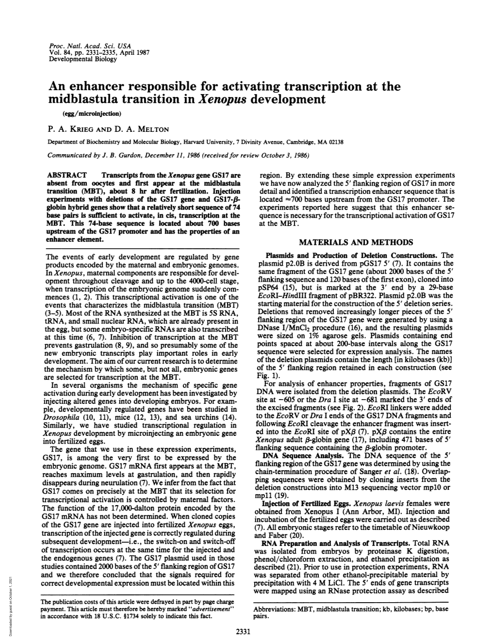 An Enhancer Responsible for Activating Transcription at the Midblastula Transition in Xenopus Development (Egg/Microinjection) P