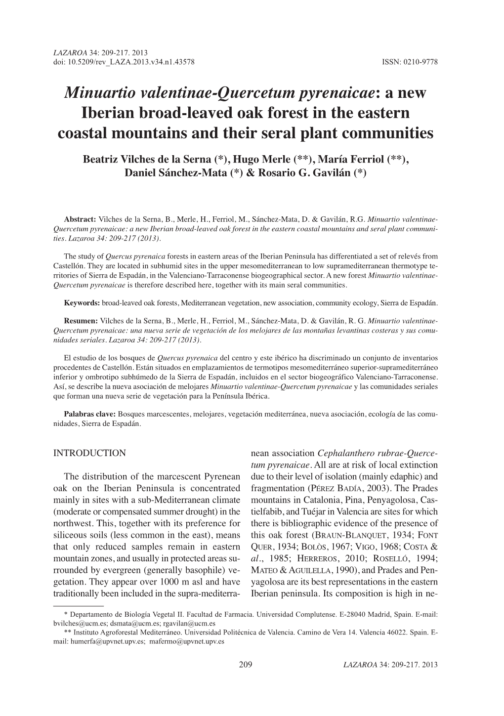 Minuartio Valentinae-Quercetum Pyrenaicae: a New Iberian Broad-Leaved Oak Forest in the Eastern Coastal Mountains and Their Seral Plant Communities