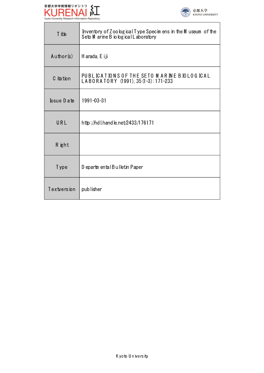 Title Inventory of Zoological Type Specimens in the Museum of The