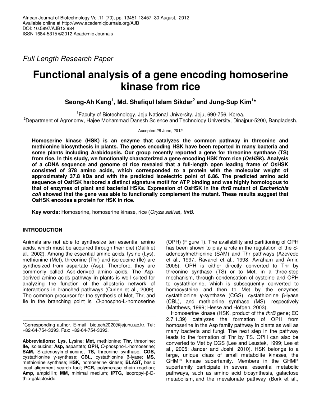 Functional Analysis of a Gene Encoding Homoserine Kinase from Rice