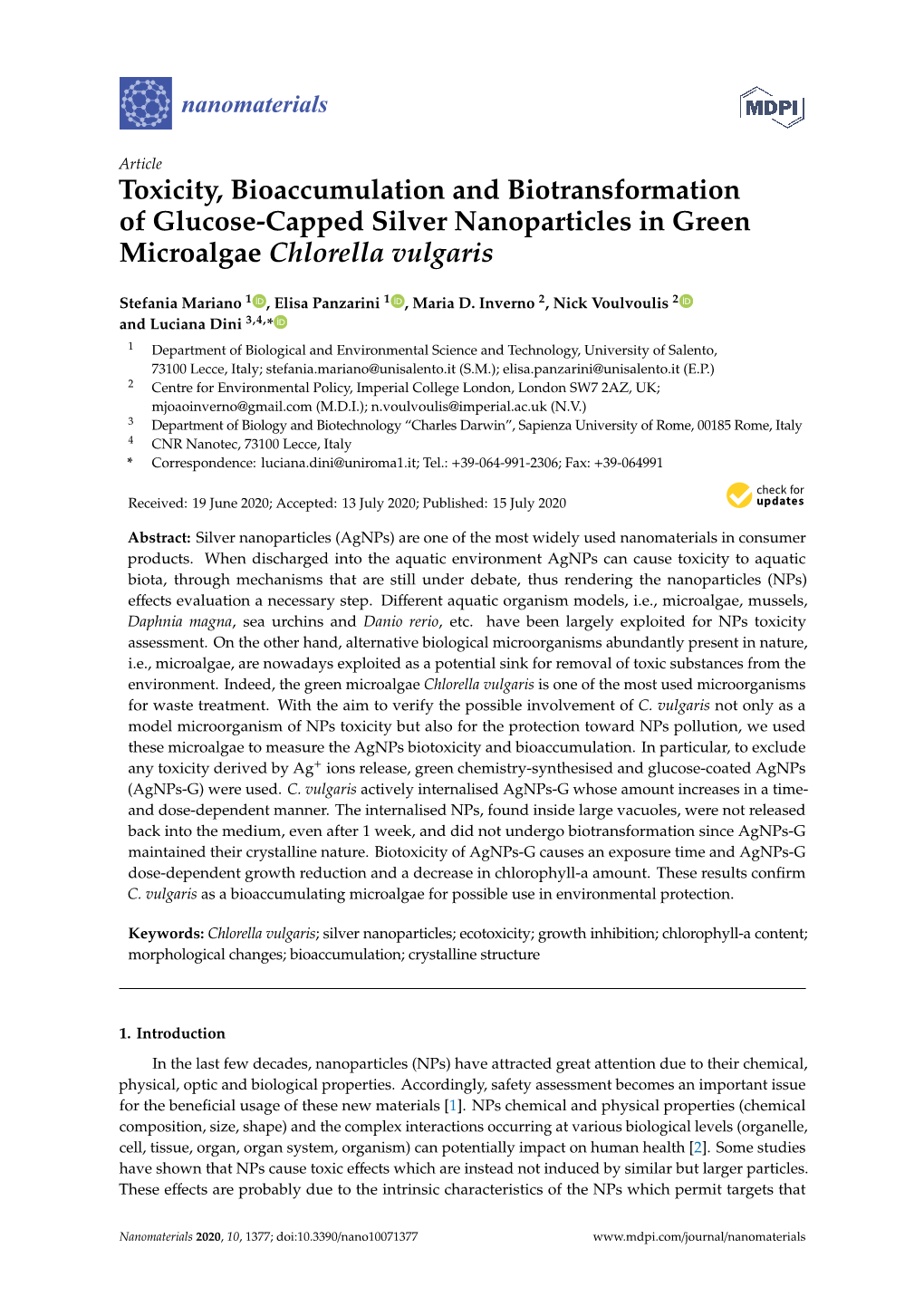 Toxicity, Bioaccumulation and Biotransformation of Glucose-Capped Silver Nanoparticles in Green Microalgae Chlorella Vulgaris