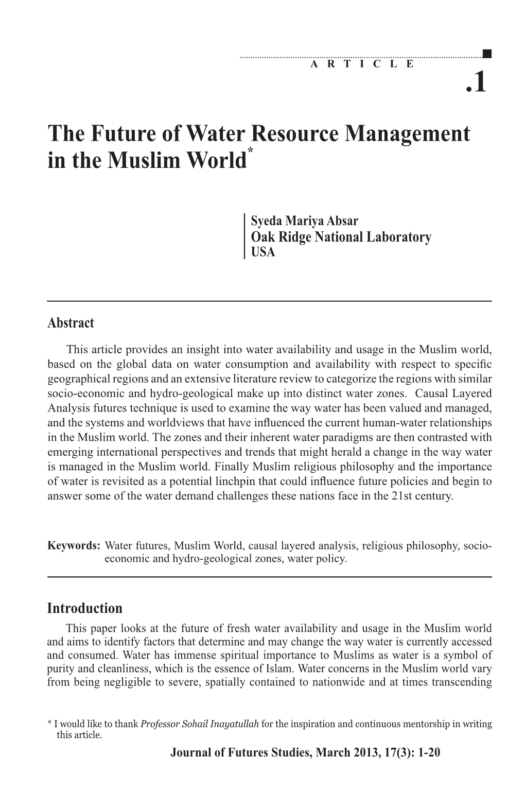 The Future of Water Resource Management in the Muslim World*