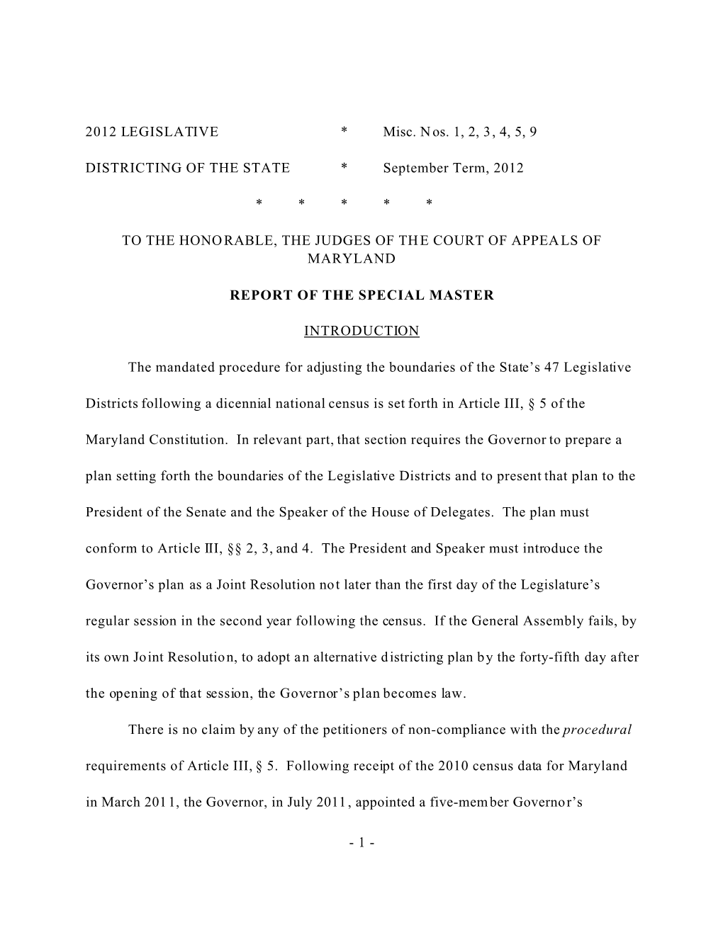 2012 LEGISLATIVE * Misc. Nos. 1, 2, 3, 4, 5, 9