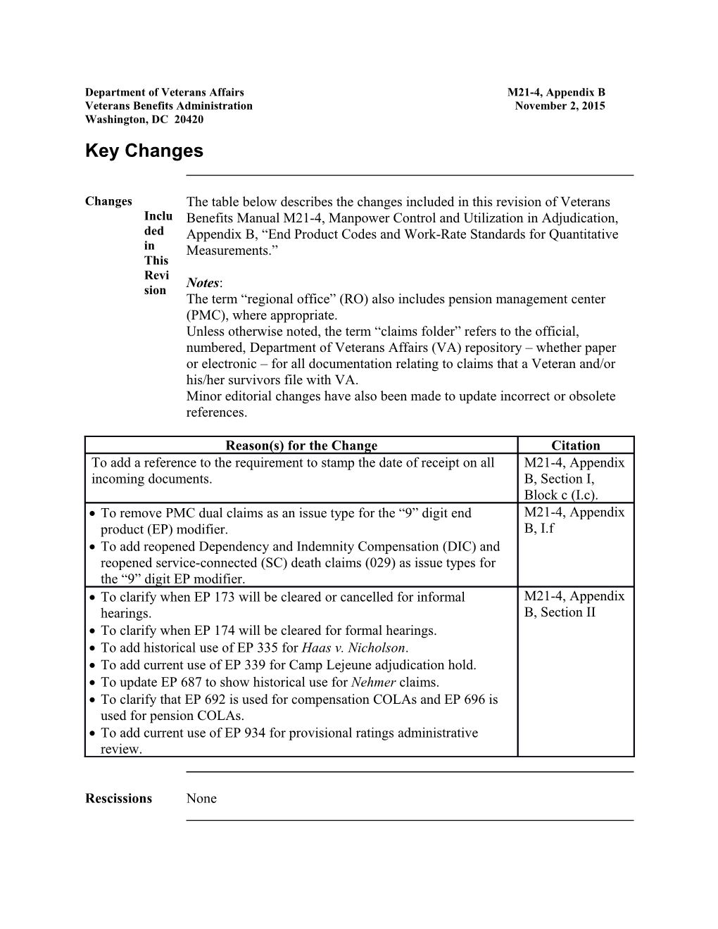 Department of Veterans Affairs M21-4, Appendix B