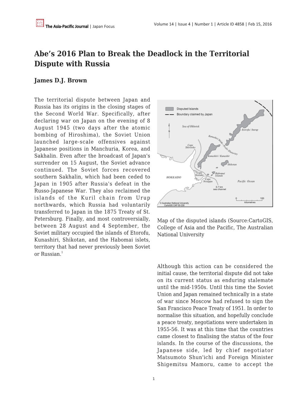 Abe's 2016 Plan to Break the Deadlock in the Territorial Dispute
