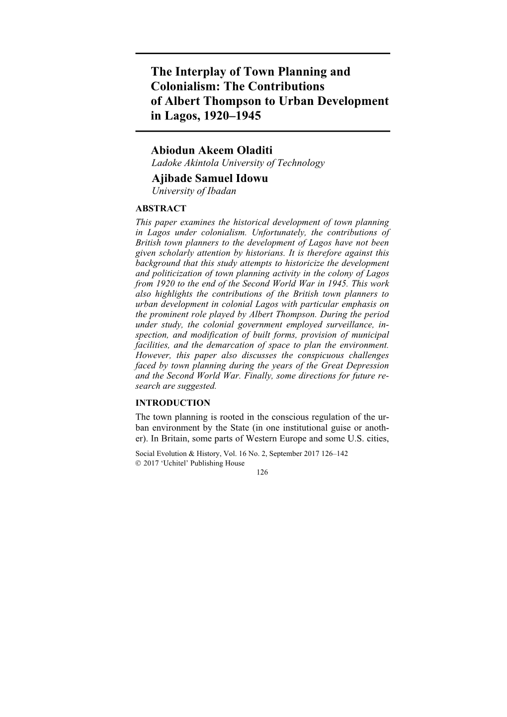 The Interplay of Town Planning and Colonialism: the Contributions of Albert Thompson to Urban Development in Lagos, 1920–1945