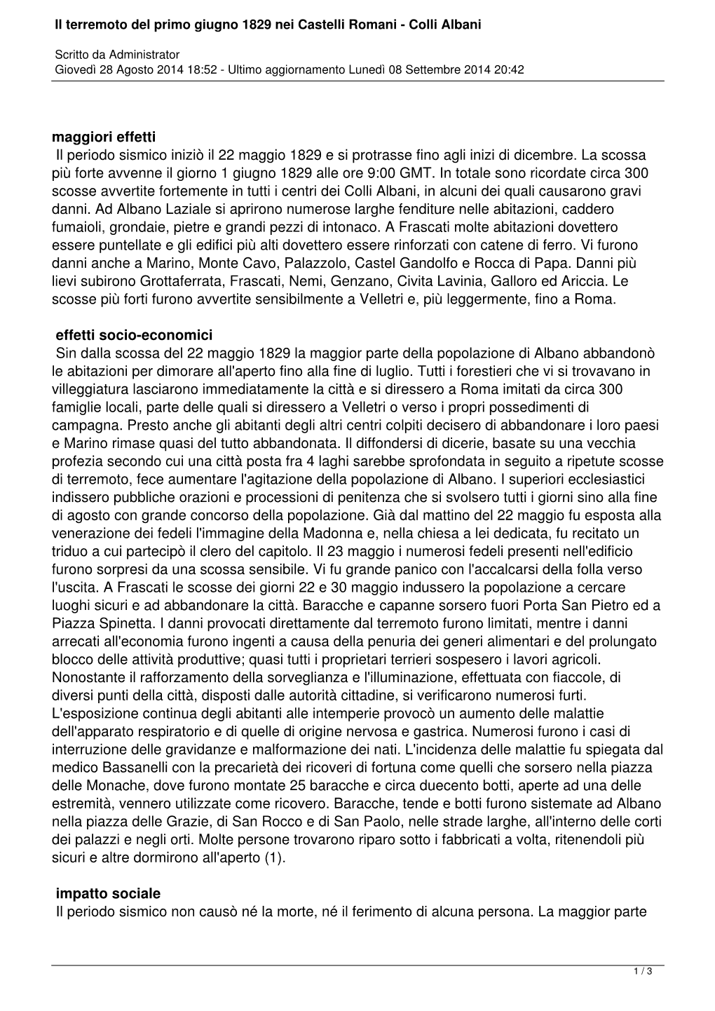 Il Terremoto Del Primo Giugno 1829 Nei Castelli Romani - Colli Albani