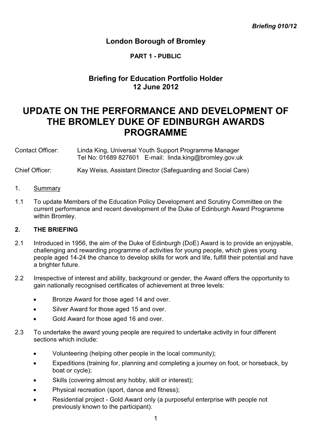 Update on the Performance and Development of the Bromley Duke of Edinburgh Awards Programme