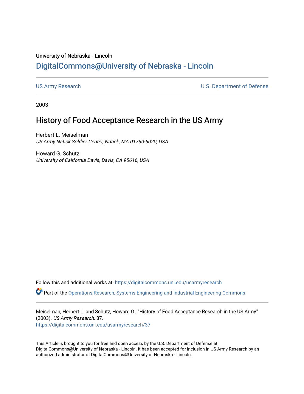 History of Food Acceptance Research in the US Army