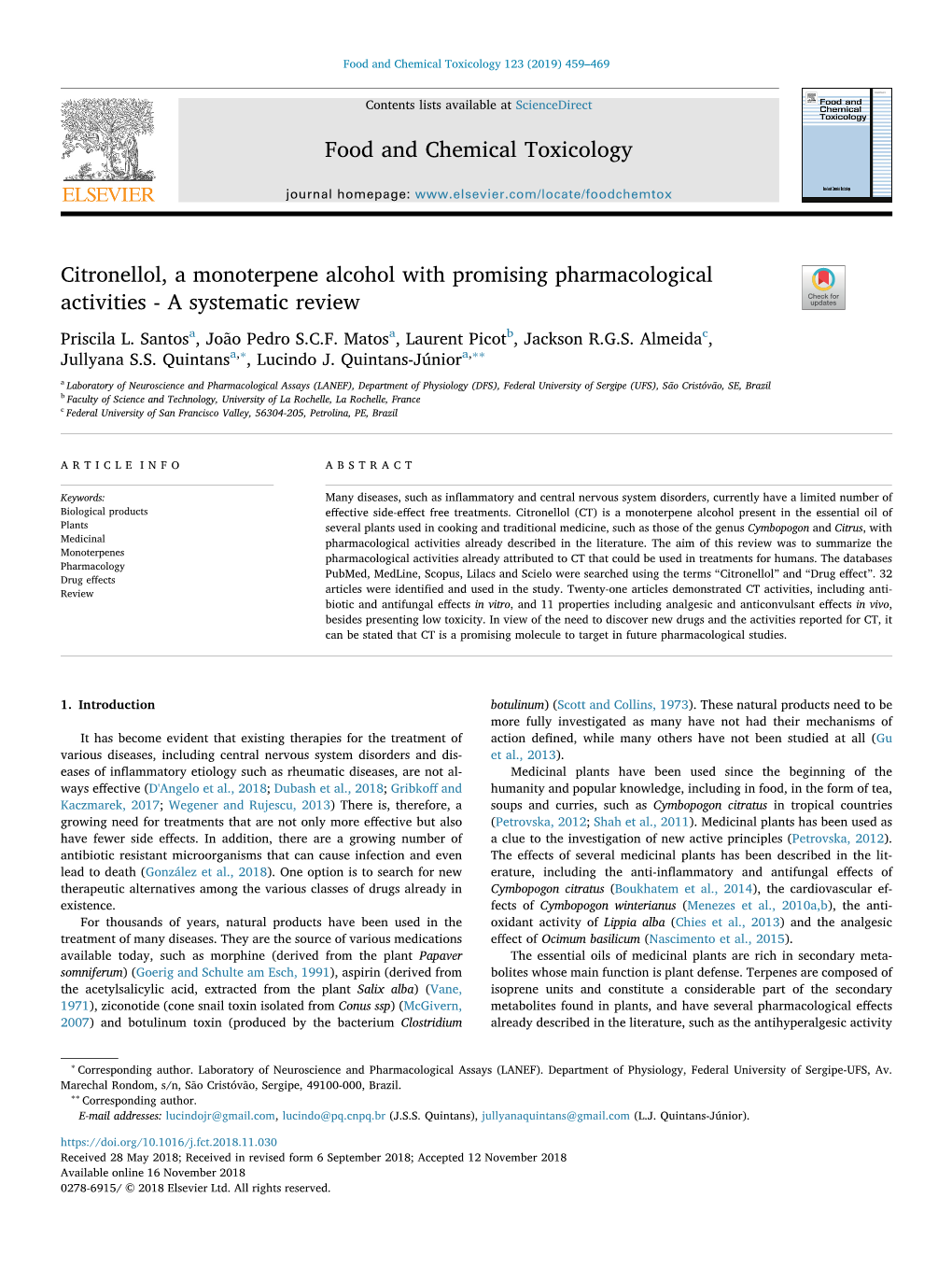 Citronellol, a Monoterpene Alcohol with Promising Pharmacological Activities - a Systematic Review T