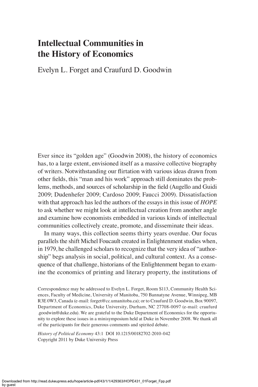 Intellectual Communities in the History of Economics Evelyn L