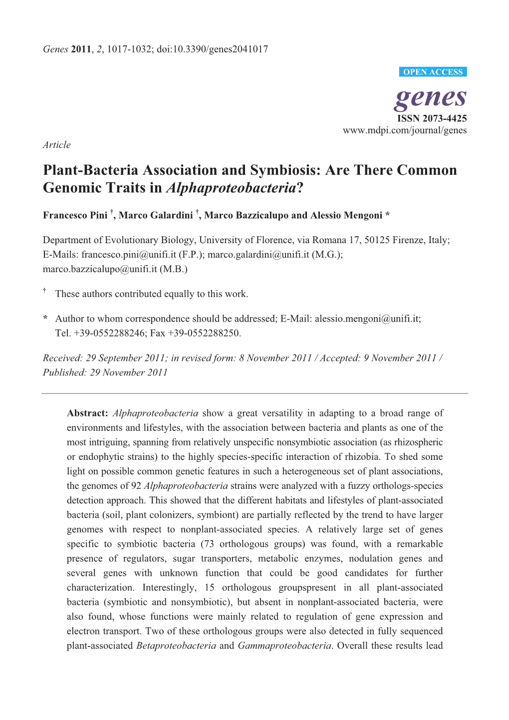 Plant-Bacteria Association and Symbiosis: Are There Common Genomic Traits in Alphaproteobacteria?