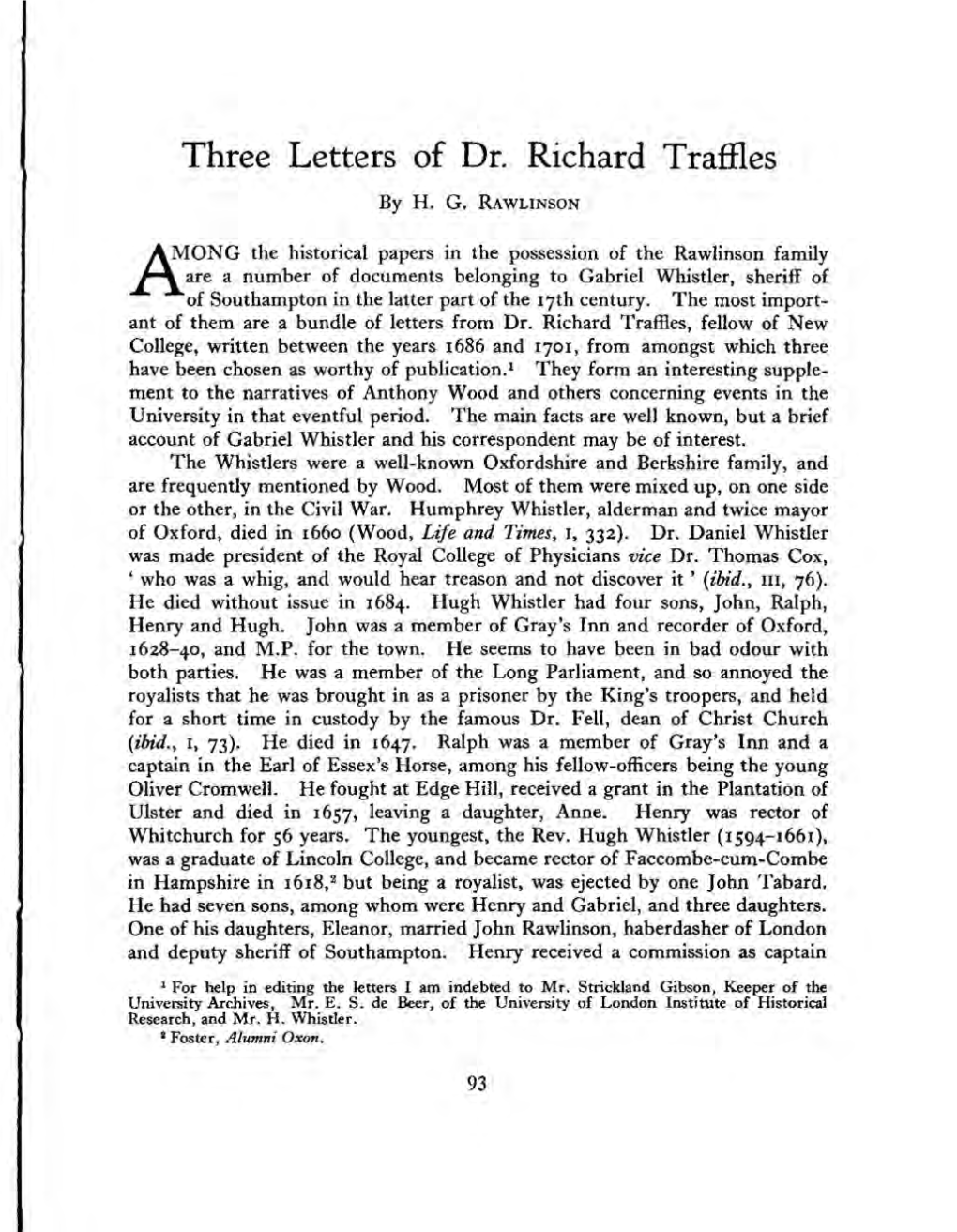 Three Letters of Dr. Richard Traffies