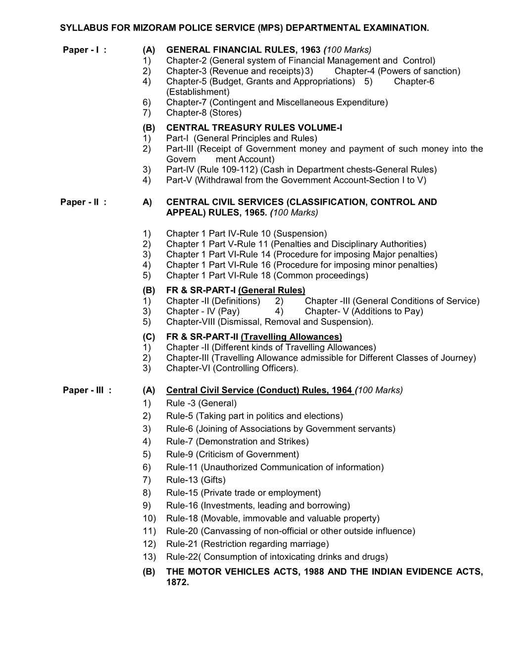 Syllabus for Mizoram Police Service (Mps) Departmental Examination