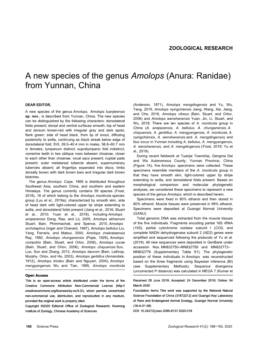 A New Species of the Genus Amolops (Anura: Ranidae) from Yunnan, China