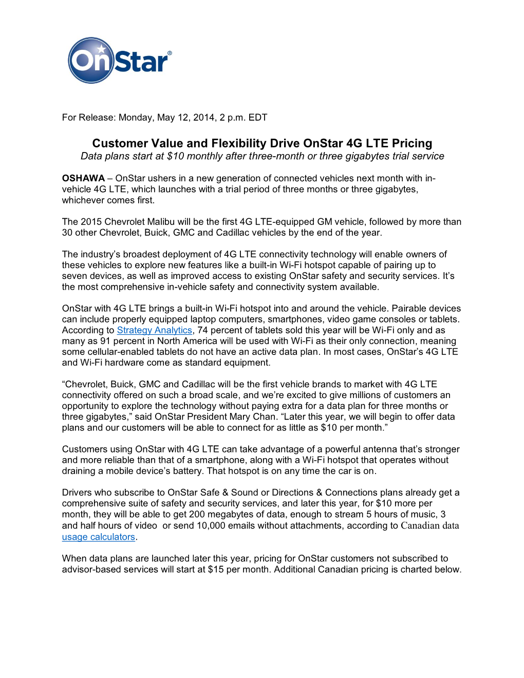 Customer Value and Flexibility Drive Onstar 4G LTE Pricing Data Plans Start at $10 Monthly After Three-Month Or Three Gigabytes Trial Service