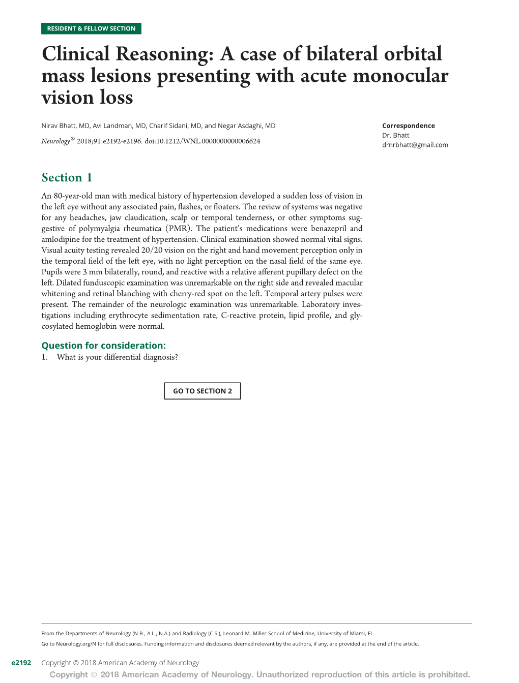 Clinical Reasoning: a Case of Bilateral Orbital Mass Lesions Presenting with Acute Monocular Vision Loss Nirav Bhatt, Avi Landman, Charif Sidani, Et Al