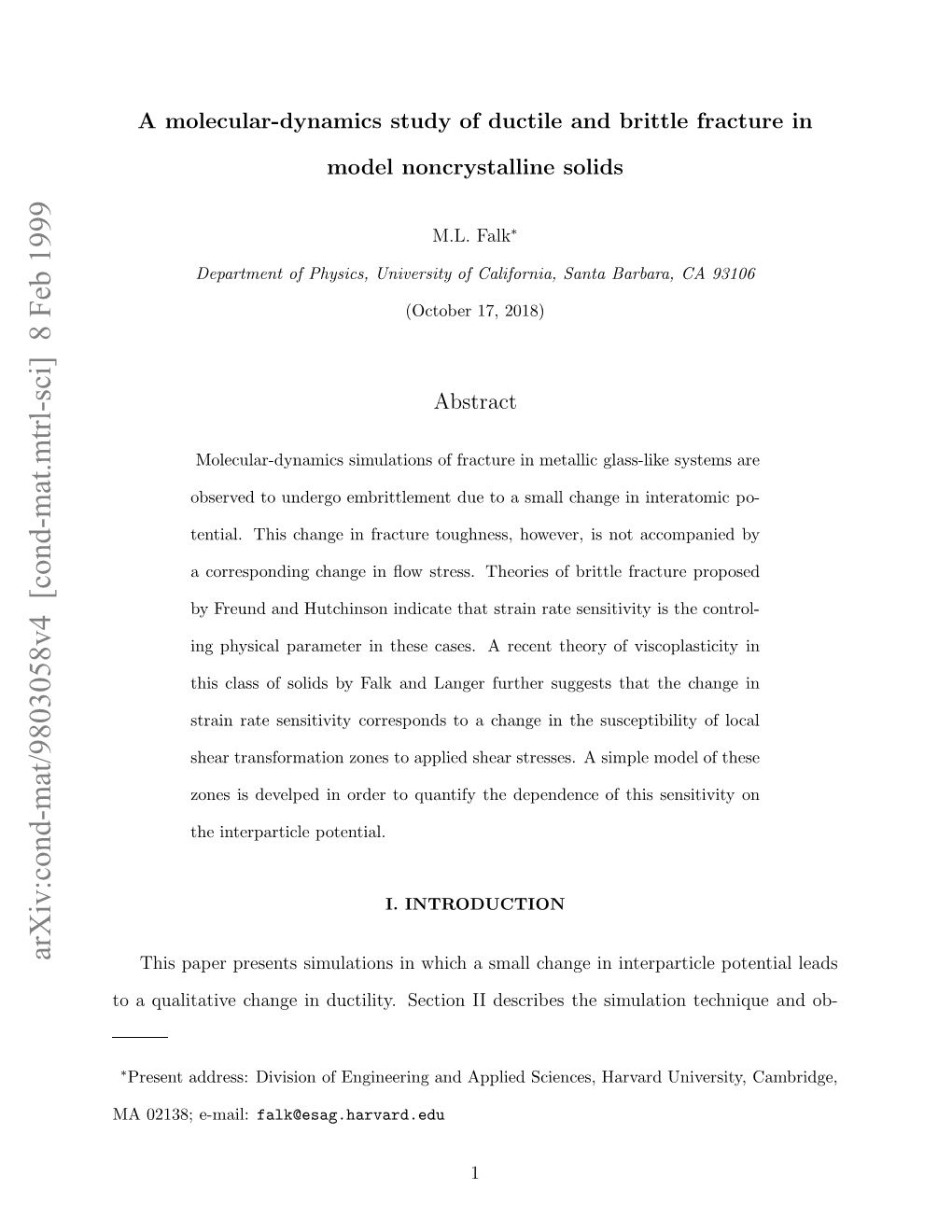 Arxiv:Cond-Mat/9803058V4 [Cond-Mat.Mtrl-Sci] 8 Feb 1999 A018 E-Mail: 02138; MA Oaqaiaiecag Ndciiy Eto Idsrbstesimulation the Describes II Section Ductility