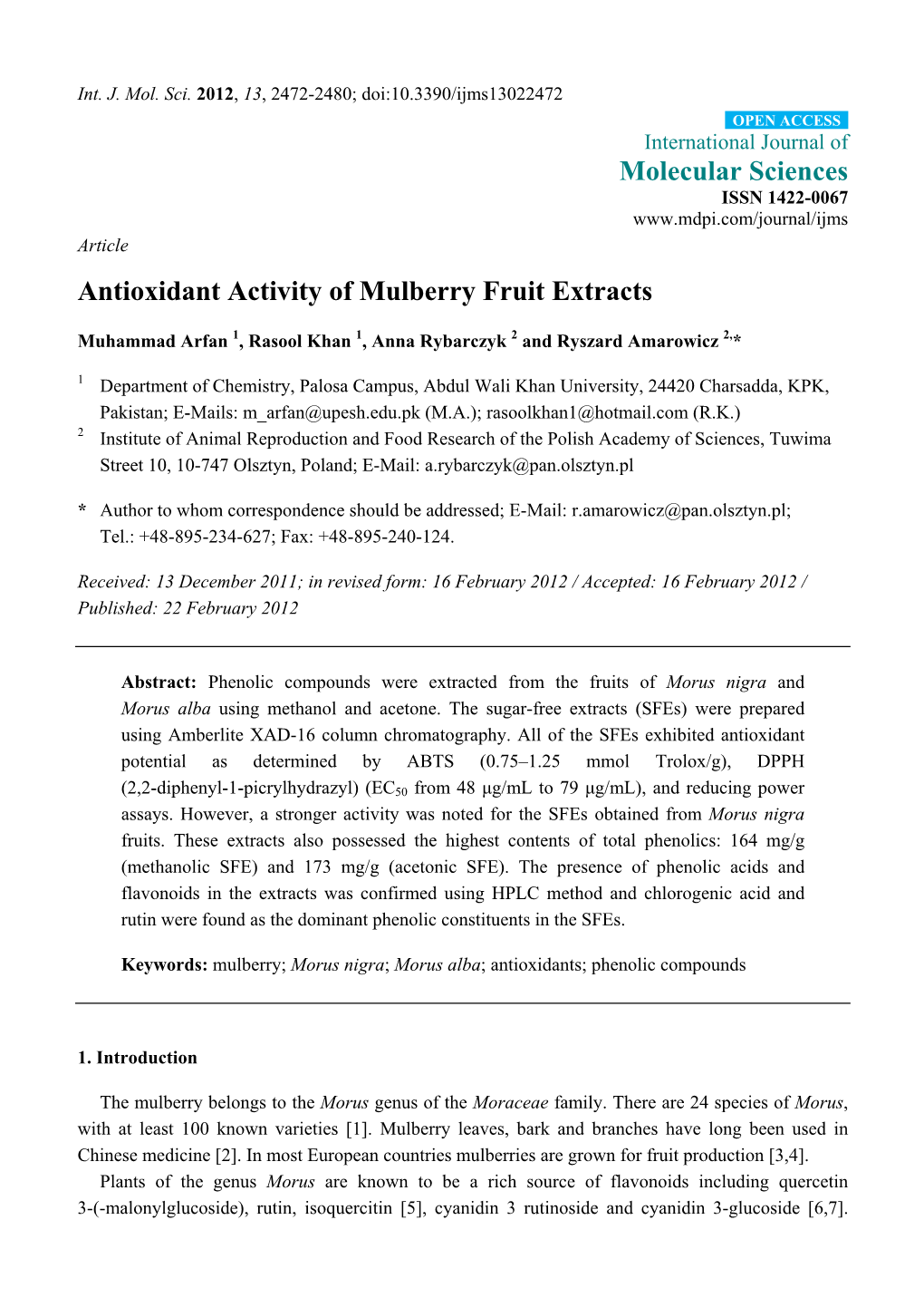 Antioxidant Activity of Mulberry Fruit Extracts