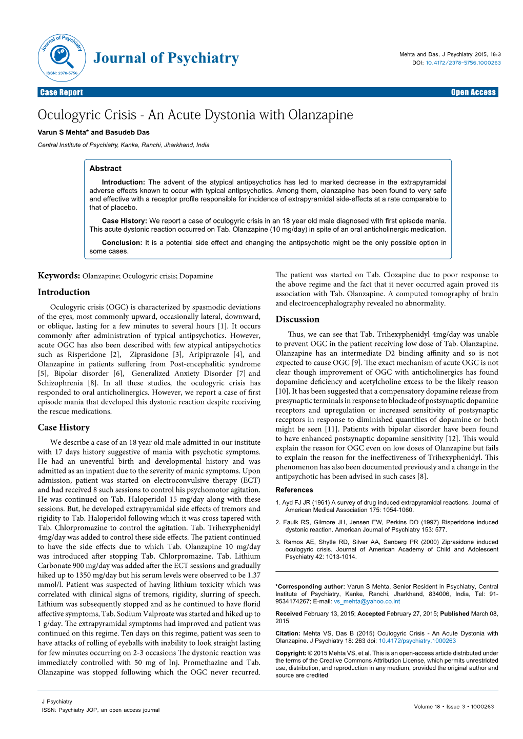 Oculogyric Crisis - an Acute Dystonia with Olanzapine