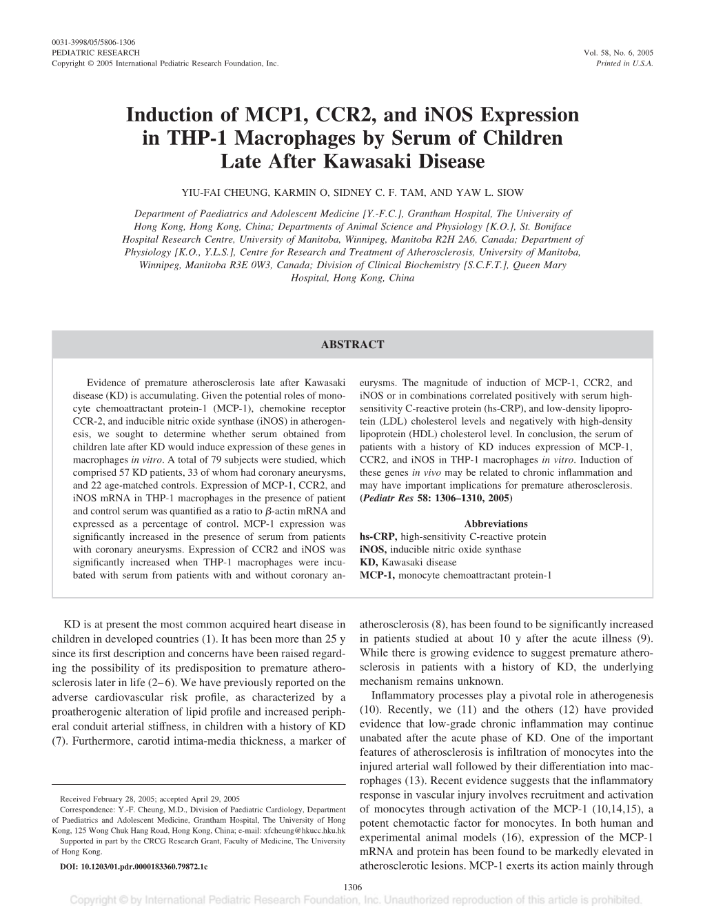 Induction of MCP1, CCR2, and Inos Expression in THP-1 Macrophages by Serum of Children Late After Kawasaki Disease