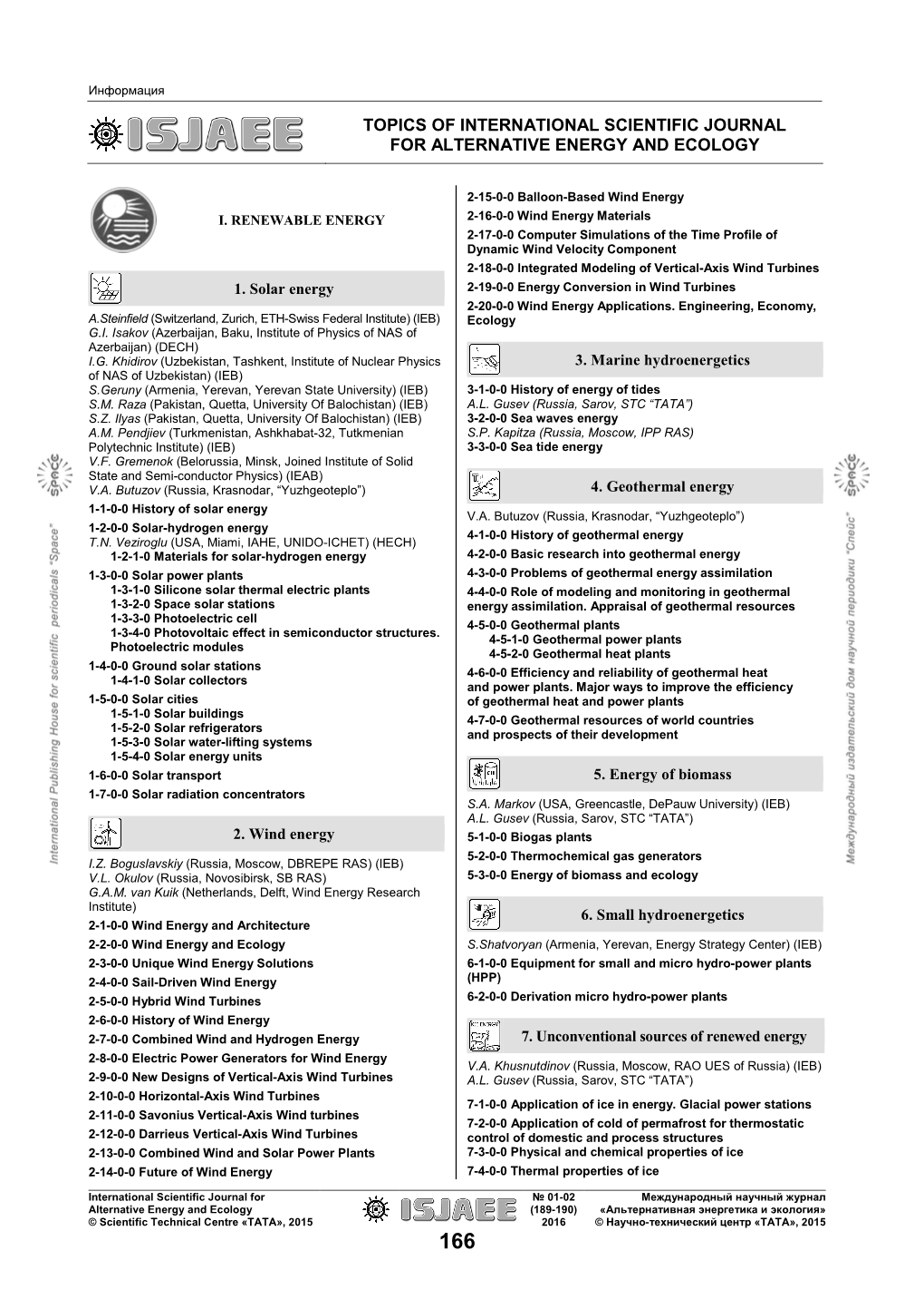 Тopics of International Scientific Journal for Alternative Energy and Ecology