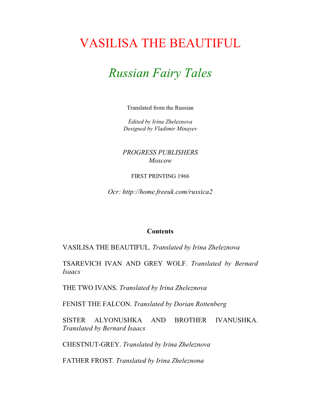 VASILISA the BEAUTIFUL Russian Fairy Tales